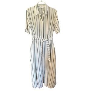 Calvin Klein Black & White Striped Maxi Full Shirt Dress Tie Belt Women’s Size 6